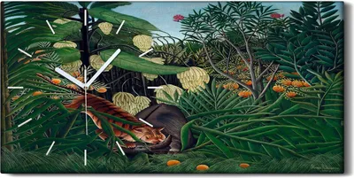 Produktbild von Wanduhr Bürouhr Leinwand Bild 60x30 Malerei Dschungel Tiere Tiger Obst Bäume - weiße Hände