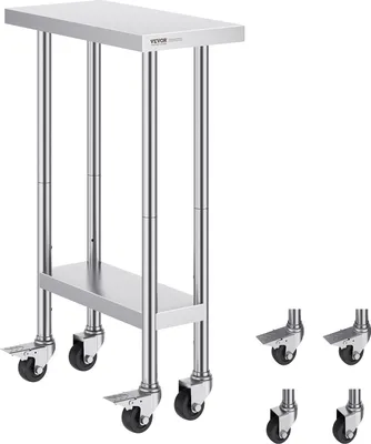 Zdjęcie produktu dla Stół roboczy ze stali nierdzewnej VEVOR, stół przygotowawczy, mobilny, 3 regulowane poziomy wysokości, solidny stół roboczy do przygotowywania żywności dla kuchni komercyjnych i restauracji, 610 x 350 x 954,6 mm