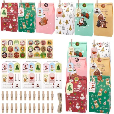 Productafbeelding van Adventskalender om zelf te vullen, voor kinderen, met 24 zakjes en cijferstickers. DIY kerstkalender, 12 x 23 cm, van kraftpapier