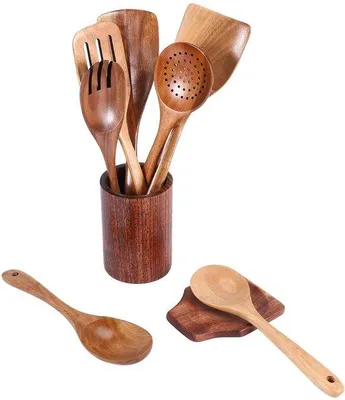 Image de Set de cuillères de cuisine en bois, 9 pièces, ustensiles de cuisine en teck avec manche en bois