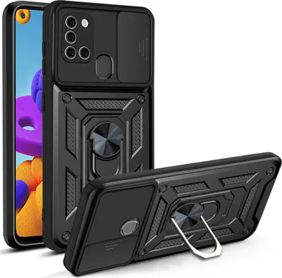 Produktbild von Galaxy A21S Hülle mit 360° Drehbarer Magnetische Ring Ständer Halter Dia Kameraschutz TPU Bumper Silikon Schutzhülle für Samsung Galaxy A21S Schwarz