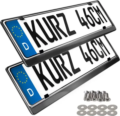 Produktbild von 2 kurze Kennzeichenhalter Edelstahl poliert - in schwarz - kurz 46x11cm Kennzeichen Halter
