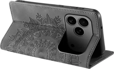 Produktbild von Mandala Handyhülle für Apple iPhone 18 Pro RFID Schutz Klapphülle Case Cover Design Schutzhülle mit 9H Displayglas Farbe: Schwarz