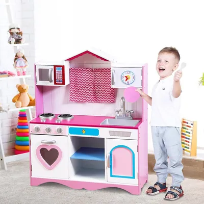 Obrázok produktu pre Detská kuchynka hracia kuchynka z dreva s odnímateľným drezom mikrovlnná rúra detská kuchynka ružová