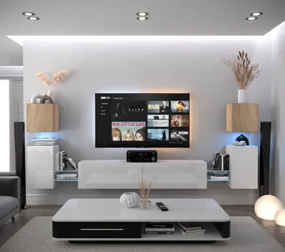 Produktbild von Furnitech Wohnwand Wohnzimmer - Wohnzimmer Möbel mit LED Weiß - Hängend Wohnwand Modern - Wohnzimmer Schrankwand mit Regale und TV Schrank (AN105-21SW-HGM2 1B)