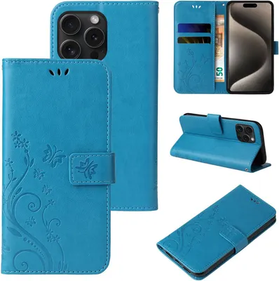 Produktbild von Handyhülle für Apple iPhone 16 Pro Max Floral Blumen Schmetterling Flip Cover Hülle Case Klapphülle Handytasche Farbe: Blau