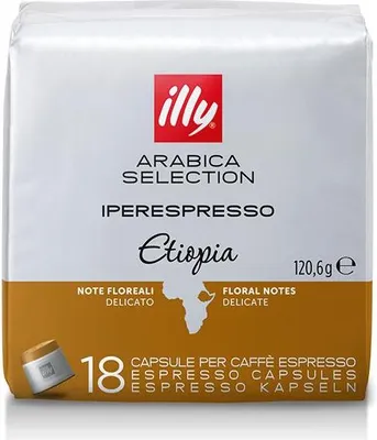 A product shot of Illy Iperespresso Ethiopia coffee capsules packaging.