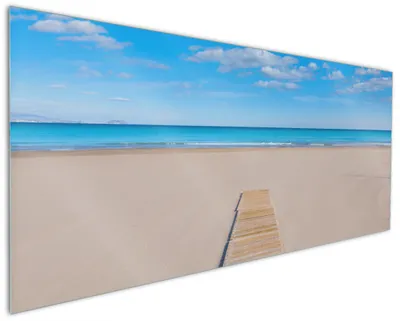 Produktbild von Wallario Küchenrückwand aus Glas, Größe: 125 x 50 cm, Motiv: Auf dem Holzweg zum blauen Meer | Spritzschutz | abwischbar | pflegeleicht | in