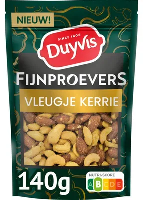 Produktbild von Duyvis Fijnproevers Kerrie Cashew & Mandel Snack, 140g – würziger Curry-Snack