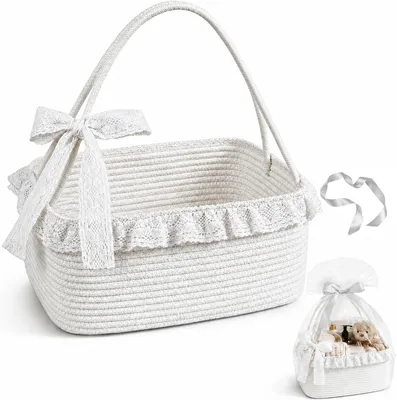 Image de Panier cadeau tressé, blanc, 30x25x10 cm, avec anse pliable, idéal pour les cadeaux et présentations