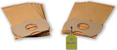 Two stacks of vacuum cleaner bags are shown against a white background. One stack has a green tag attached.