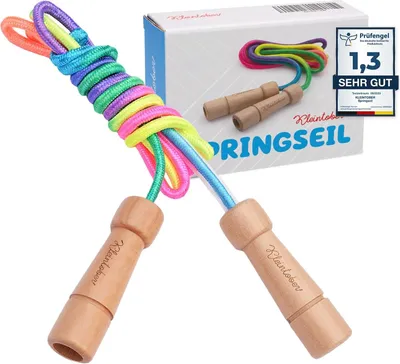Produktbild von Springseil - Seilspringen für Kinder mit Mittelverstärker - 220 cm verstellbar - Regenbogenhandgriffe - Urkunde zur Motivation - ideal als Geschenk - Baumwolle