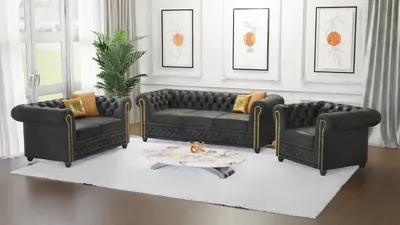 Produktbild von S-STYLE MÖBEL - Vibe - Chesterfield Polstergarnitur 3+2+1 aus Anthrazit Vintage Optik Microfaser mit Holzfüßen, B/T/H: 3er - 203 cm/ 86 cm / 72 cm