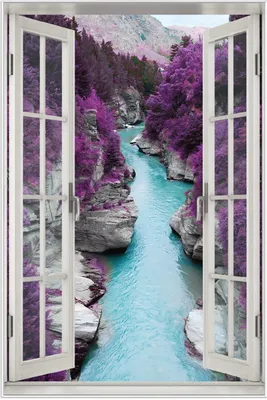 Produktbild von Wallario Wandbild mit Fenster-Illusion: Fluss in lilafarbener Schlucht, Größe: 61 x 91,5 cm, Poster mit weißem Aluminiumrahmen