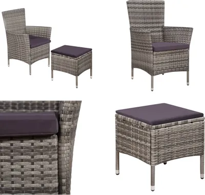 Immagine prodotto di vidaXL Sedia e sgabello da giardino con rivestimento in Poly Rattan Grigio - Sedia da pranzo con sgabello - Sedie da pranzo con sgabelli - Sedia da pranzo in rattan - Sedie da pranzo in rattan