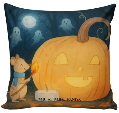 Produktbild von Mr. & Mrs. Panda kissen bedruckt Kürbis Maus Design - Weiß - Geschenk, Trick Or Treat, Dekoration, Kuschelkissen, 40x40, Deko, Halloween, für sofa, Kerzen, couch
