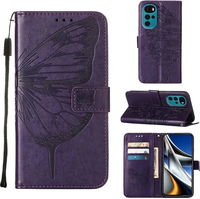 Produktbild von Moto G22 Hülle, Schmetterling Prägung Flip Leder Kartenfächer Schutzhülle Ledertasche mit Ständer für Motorola Moto G22 Lila