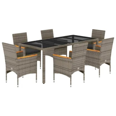 Produktbild von vidaXL 7-tlg. Garten-Essgruppe mit Kissen Grau Poly Rattan und Glas