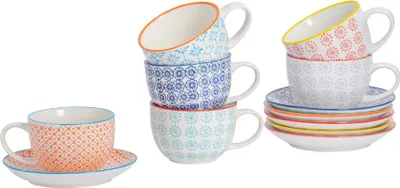 Produktbild von Nicola Spring 12-teiliges handbedrucktes Cappuccinotassen- und Untertassen-Set – 250 ml – 6 Farben
