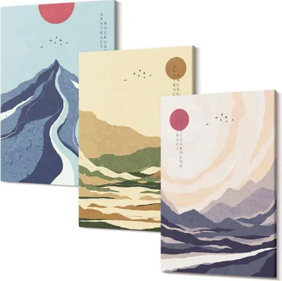 Produktbild von Leinwandbild – Wandbild – Leinwandbilder – Kunstdruck – Polycanvas – Modern – Mehrteilig – 3-Teilig Set – Hochwertig – Geruchslos – Lichtecht – Fertig Aufgespannt – 40x60 Cm Je Teil - Berge in Pastellfarben, Japandi-Stil