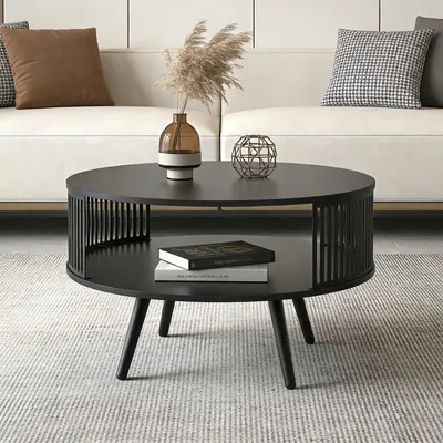 Produktbild von Runder Couchtisch mit Ablage, Metall Wohnzimmertisch Ø75 cm, 2-Etagen Sofatisch Schwarz, Moderner Wohnzimmertisch mit Stauraum