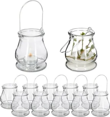 Produktbild von 12er Set transparente Glas-Metall-Laternen, 11,5 cm hoch, mit Griffen