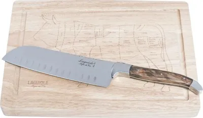 Image de Laguiole Style de Vie Couteau Santoku en bois d'olivier avec planche à découper