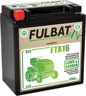 A black battery with a label showing a green illustration of a lawnmower and product details.