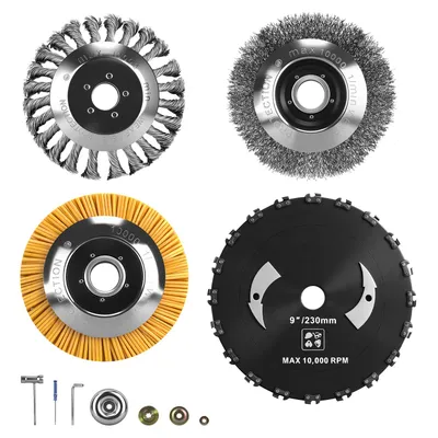 Produktbild von 4tlg Rasentrimmer Zubehör (3x Ø150mm Unkrautbürste + Ø230mm Kreissägeblatt) Bohrung 25.4mm Drahtbürste Wildkrautbürste für Freischneider Motorsense