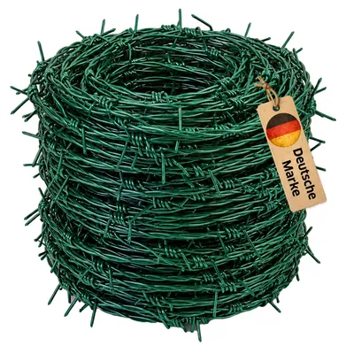 Produktbild von NOOR Stacheldraht - Dornendraht Weidenzaun PVC-ummantelt - Grün 50m Rolle - 2-fach verdrillter Sperrdraht mit 10 cm Stachelabstand - Schutz für Zäune & sensible Bereiche gegen unbefugtes Übersteigen