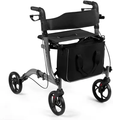 Produktbild von Aluminium Rollator Faltbar und Leicht, Gehhilfe für Senioren, Sitz & Rückenlehne, Rollatoren Schmal, höhenverstellbaren Griffen, bis 136 kg, Grau