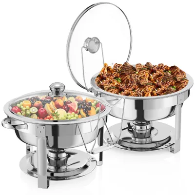 2er-Set runde 6L Chafing Dishes, Speisenwärmer mit Glasdeckel, Edelstahl