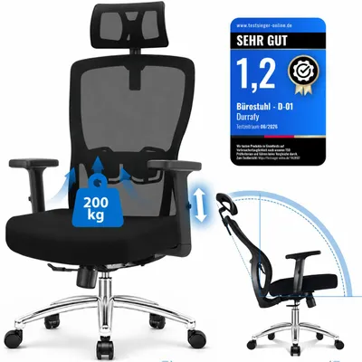 Produktbild von Bürostuhl Ergonomischer Bürostuhl 200 kg mit Kopfstütze & Lordosenstütze Schreibtischstuhl, atmungsaktiver Netzrücken, 130° Wippfunktion, verstellba