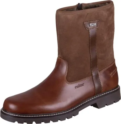 A single brown leather and suede boot is shown against a white background.