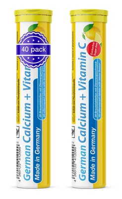 Produktbild von German Calcium + Vitamin C Brausetabletten 2x20 Stk. Zitronengeschmack - 300 mg Kalzium, 75 mg Vitamin C Zuckerfrei - T&D Pharma – Germany