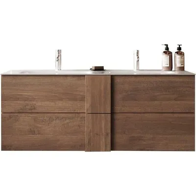 Immagine prodotto di Set di mobili da bagno sospesi Juni L120 - Doppio lavabo + 2 cassetti - Colori rovere Mercury - Stile scandinavo