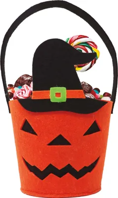 Productafbeelding van Halloween pompoemok, feestdecoratie, Jack-o'-lantaarn, heksenhoed, oranje en zwart, griezeldecoratie. Kleur: oranje