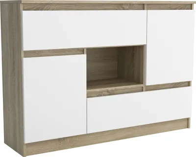 A modern sideboard with a combination of white and wood-grain finishes.