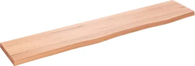 A single wooden shelf is shown against a white background.