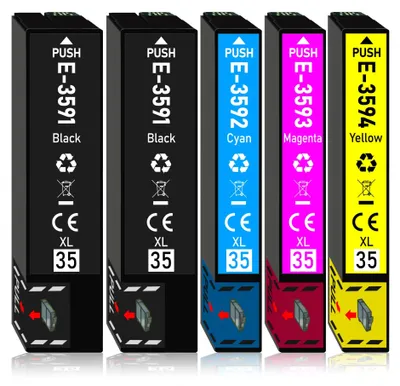 Five printer ink cartridges lined up against a white background.