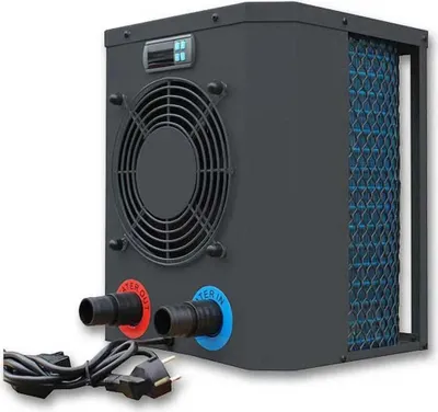 A black heat pump with a fan and water connections.