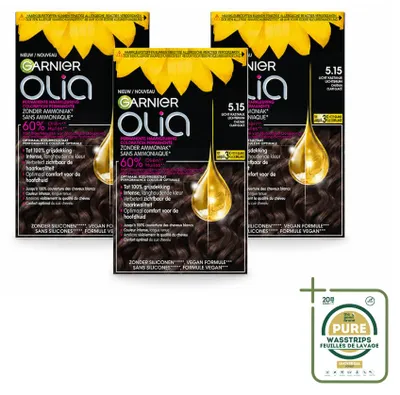 Imagen del producto de 3 tintes para el cabello Garnier Olia 5.15, color castaño claro, sin amoníaco, pack ahorro, 3 unidades