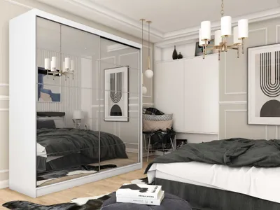 Produktbild von AGMAT Schwebetürenschrank Lores, Kleiderschrank mit 2 Türen, Moderne Garderobe in Farbe: Weiß, Schrank in Größe: 200 x 216 x 61 cm