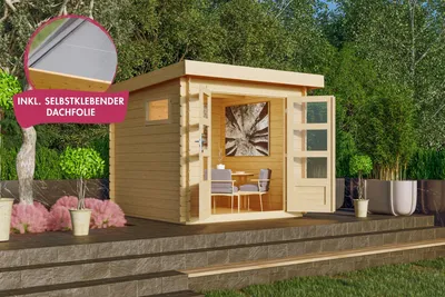 Produktbild von Karibu Gartenhaus Blockbohlenhaus Benstrup 2 im Sparset 28mm Wandstärke 237 x 237 cm Inklusive Dachfolie und extra Fenster Farbe: Naturbelassen