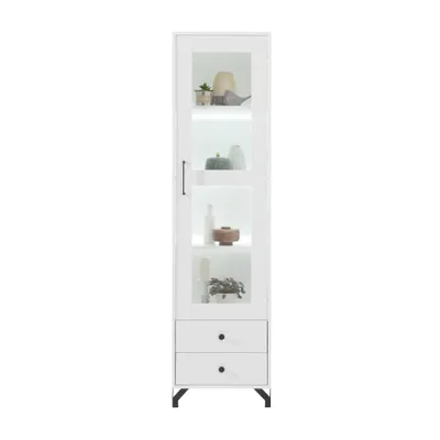 Produktbild von Vitrine BERGO Weiß mit 1 Tür und 2 Schubladen, Standvitrine mit Glastür und LED-Beleuchtung, Moderner Stil