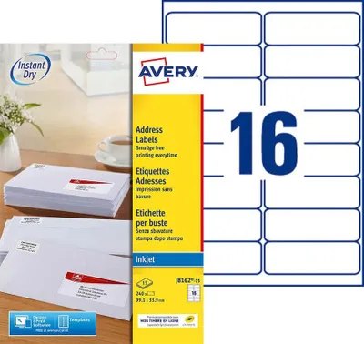 Obrázok produktu pre AVERY J8162-15 Inkjetový adresný štítok AVERY, 99,1 x 33,9 mm, biely