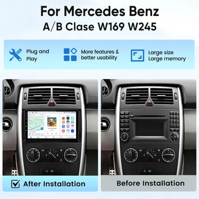 Obrázok produktu pre 9" autorádio s Android 15 a CarPlay pre Mercedes-Benz triedy A a B (W169, W245), 8+256 GB, bezdrôtové CarPlay a Android Auto, 4G, Wi-Fi, GPS navigácia, 360° kamera