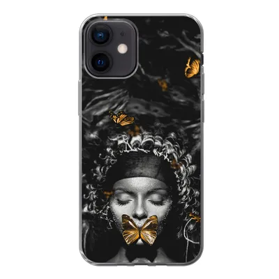 Produktbild von MuchoWow® Handyhülle Schutzhülle Hülle für iPhone 12 Frau - Schmetterlinge - Schwarz - Weiß Silikon Softcase Handy Hülle - Schutzhülle