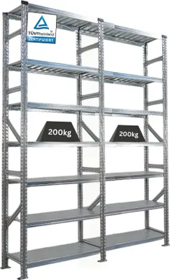 Produktbild von Fachbodenregal PROXIMO mit  Stecksystem | Komplettregal | HxBxT 250x180x50cm | 7 Ebenen | Beidseitig nutzbar | Verzinkt