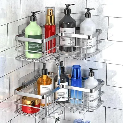 Productafbeelding van PolkaHome® Doucherek hoekrek 2-delige set, boorvrije kleefstrips, roestvrij staal badkameropberg met 8 haken, zilver